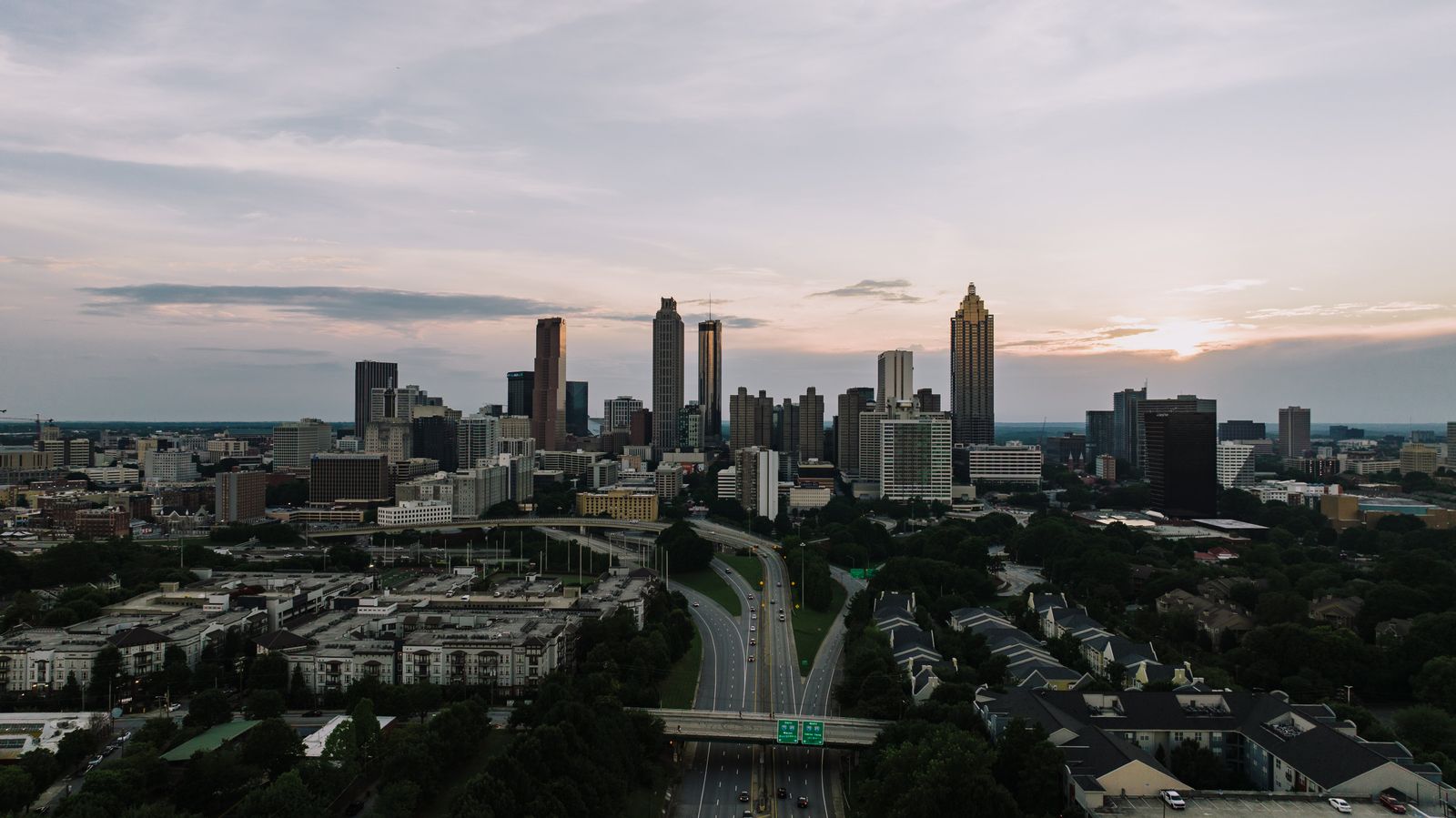 Aerial view of the Downtown Atlanta skyline at dusk
